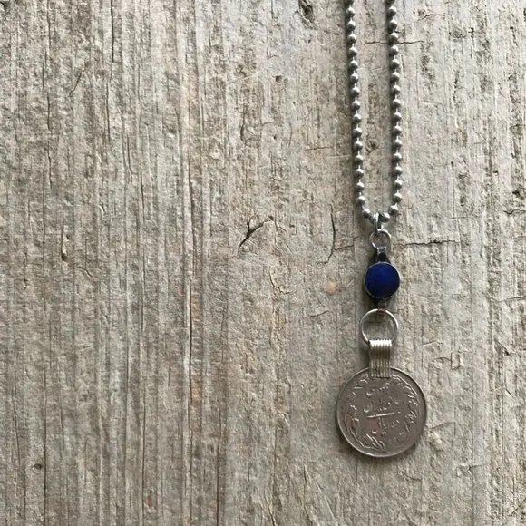 Rustic Lapis Lazuli Ethnic Coin Charm Necklace - 30 Inch Chain - Picture 8 of 12